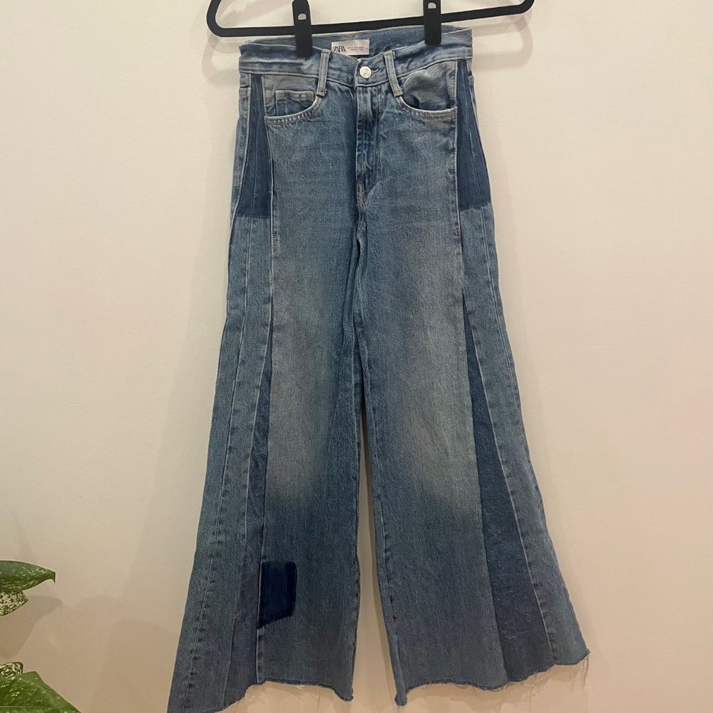 Zara Patchwork Mid-Rise Wide Leg Jeans